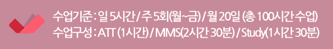 수업기준 : 일 5시간 / 주 5회(월~금) / 월 20일 (총 100시간 수업)